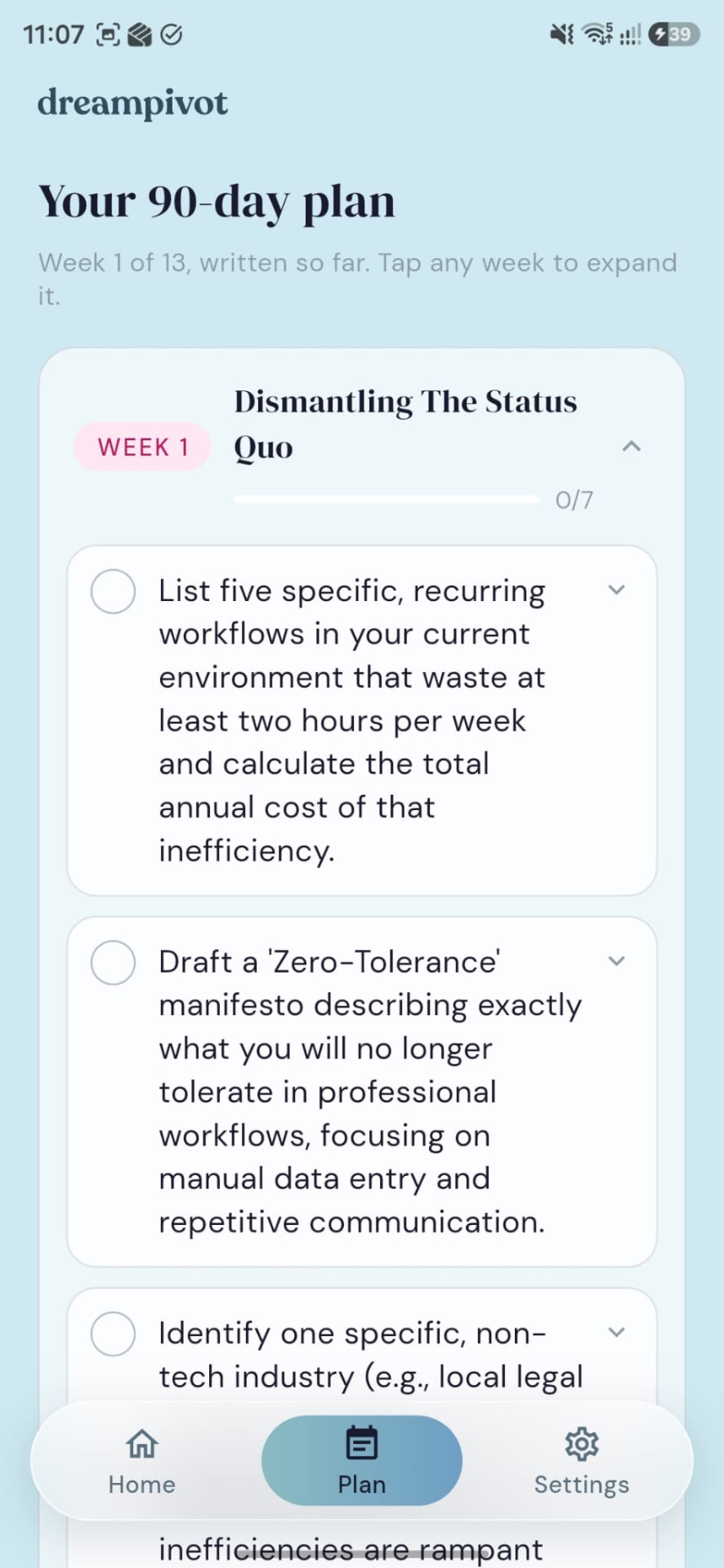 90-day plan screen in the DreamPivot app