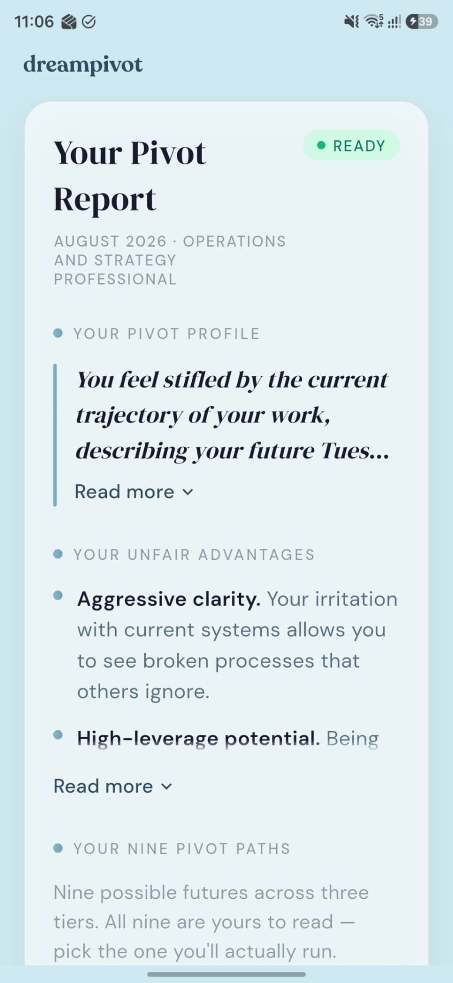 Your Pivot Report screen in the DreamPivot app