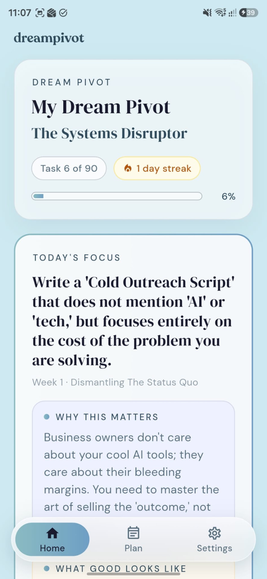 DreamPivot app home screen showing today's focus task