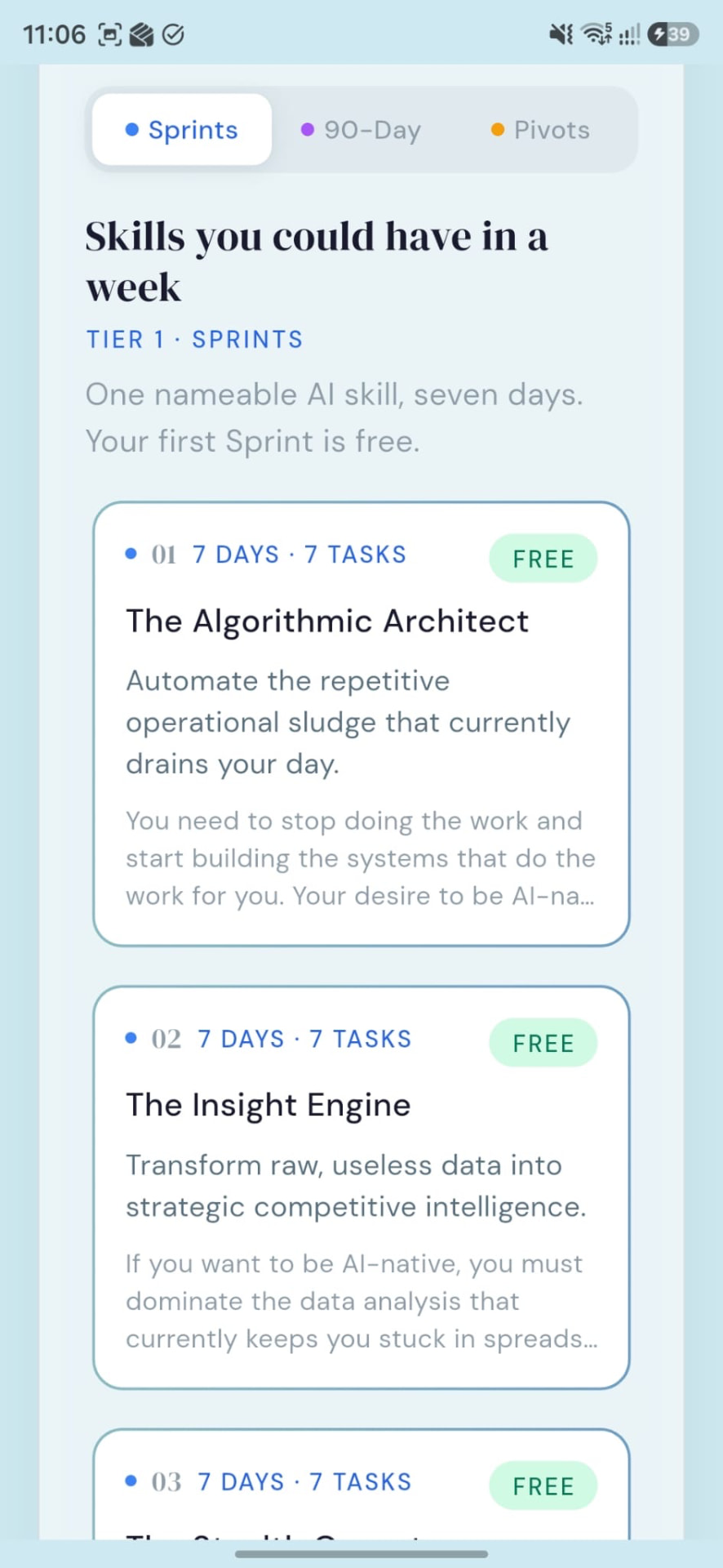 Sprint options screen in the DreamPivot app