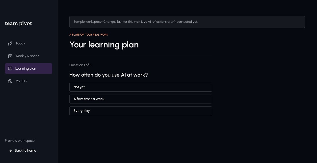 Team pivot learning plan survey asking how often a person uses AI at work, the first of three questions